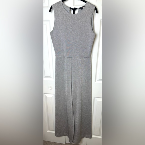J.CREW Sleeveless Lurex Jumpsuit Silver Black Velvet Tie Back Metallic Wide Leg - Picture 6 of 16